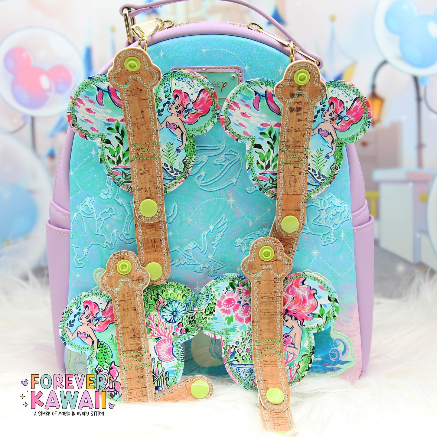 Designer Inspired Little Mermaid Ear Holder Keychain β Sparkly Mermaid Park Ears Accessory Clip for Backpacks & Bags