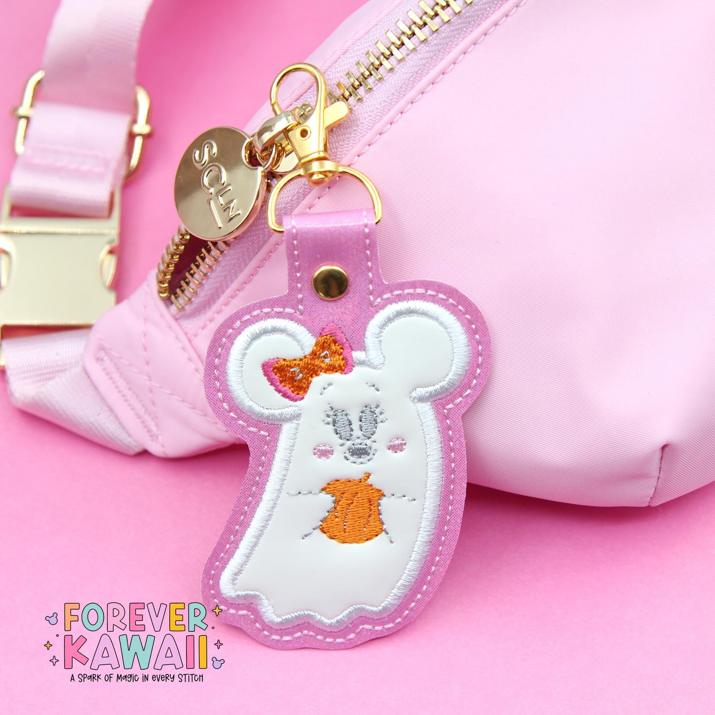 Girl Mouse Ghost Bag Charm β Pink Sparkle Halloween Keychain for Park Bags, Backpacks, and More