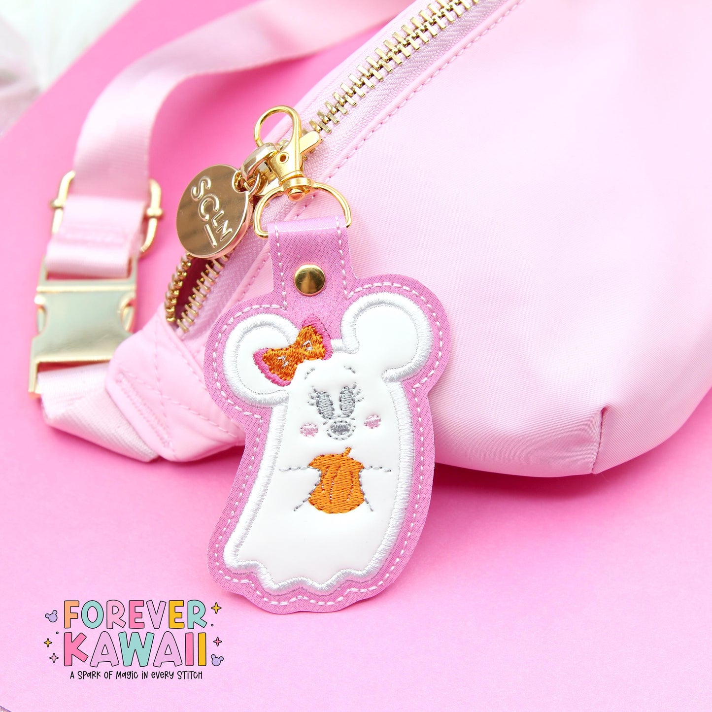 Girl Mouse Ghost Bag Charm β Pink Sparkle Halloween Keychain for Park Bags, Backpacks, and More