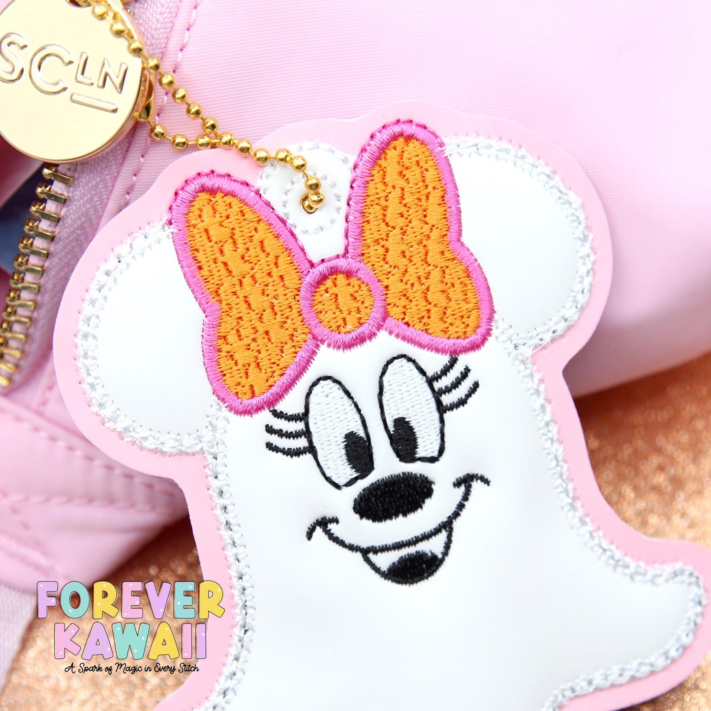 Pink Ghost Girl Bag Charm – Halloween Mouse-Inspired Keychain with Ball Chain Clasp