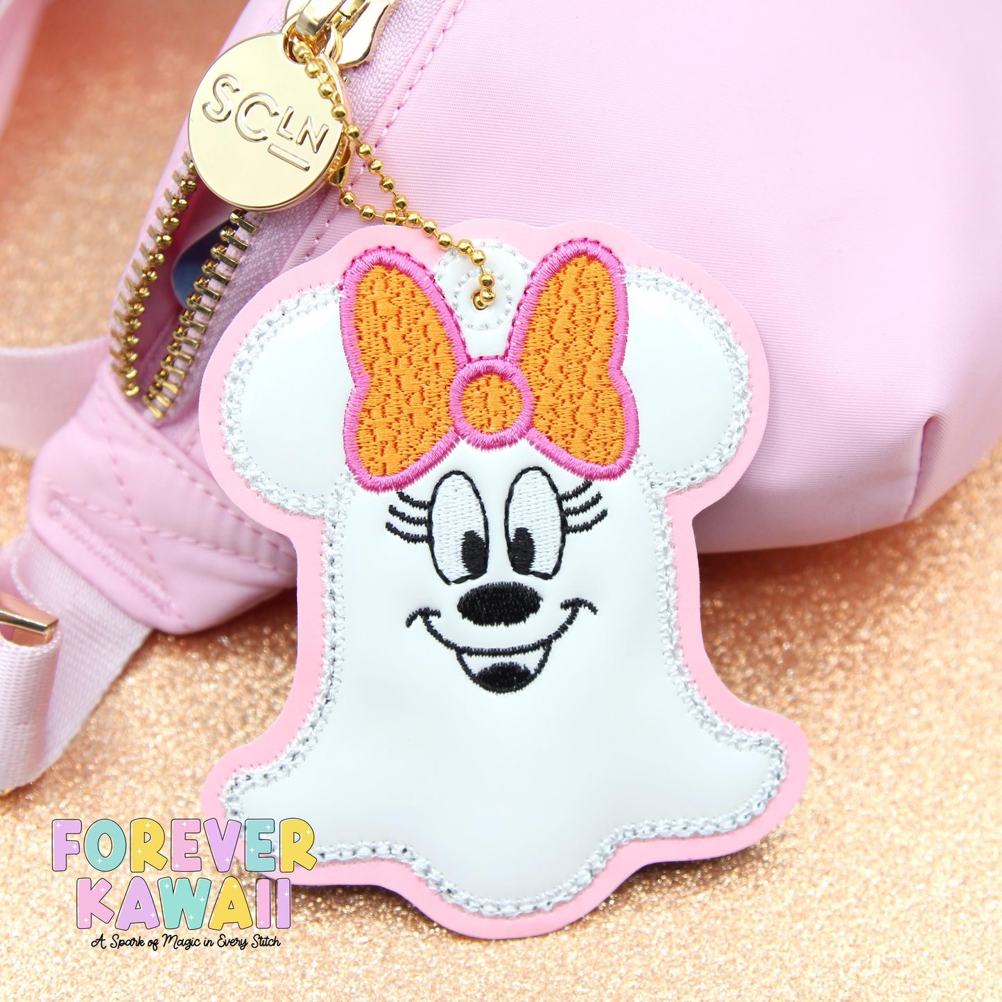 Pink Ghost Girl Bag Charm – Halloween Mouse-Inspired Keychain with Ball Chain Clasp