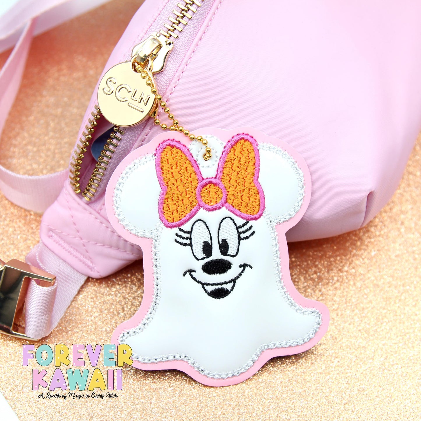 Pink Ghost Girl Bag Charm – Halloween Mouse-Inspired Keychain with Ball Chain Clasp
