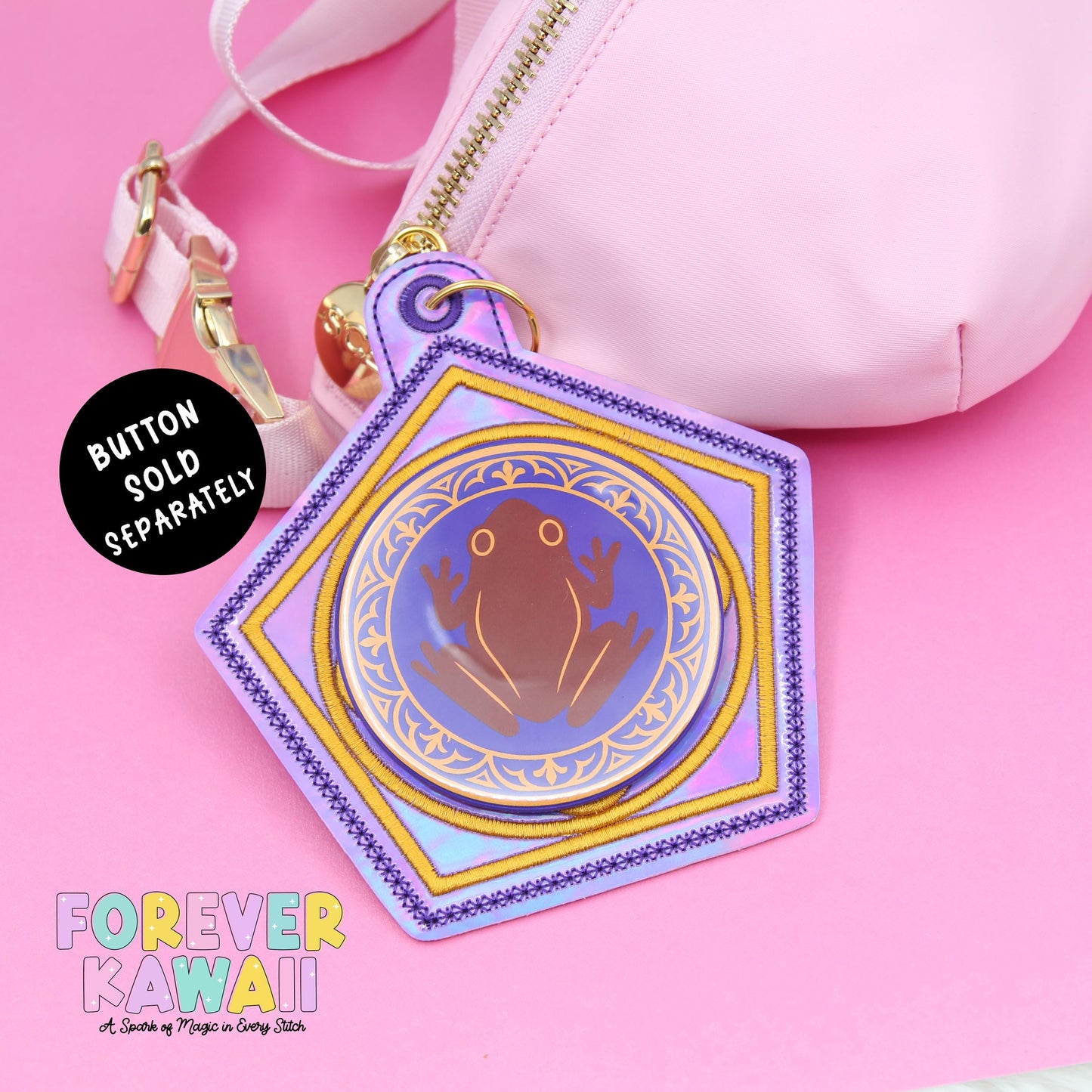 Chocolate Frog Celebration Button Holder – Holographic Vinyl with Magical Gold & Purple Details