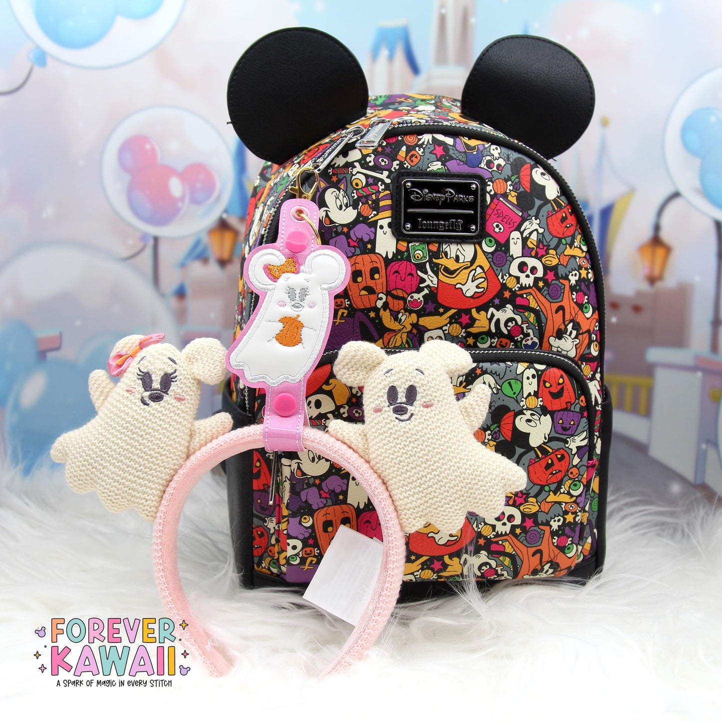 Minnie Ghost Ear Holder Keychain – Pink Sparkle Mouse-Shaped Park Ears & Button Accessory