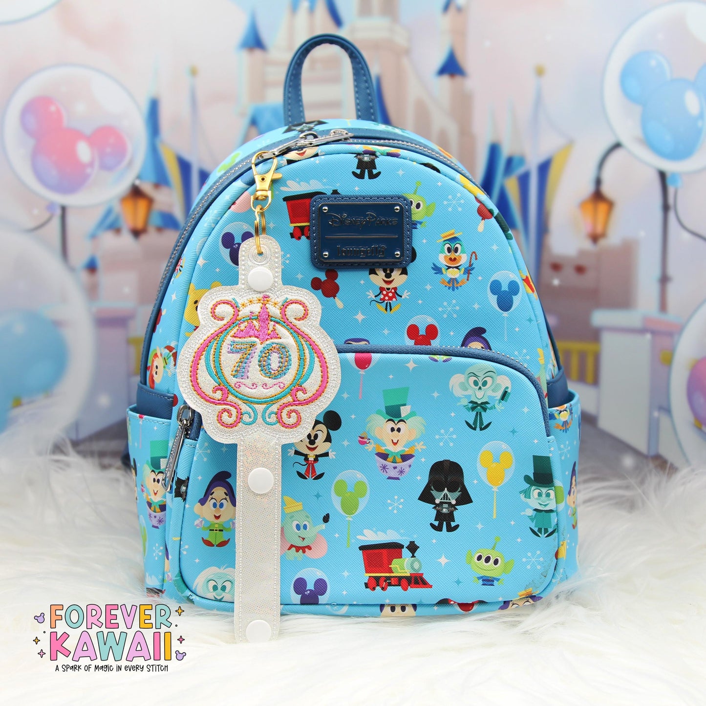 Disneyland 70th Anniversary Ear Holder Keychain – Sparkly Castle Embroidered Park Ears Accessory