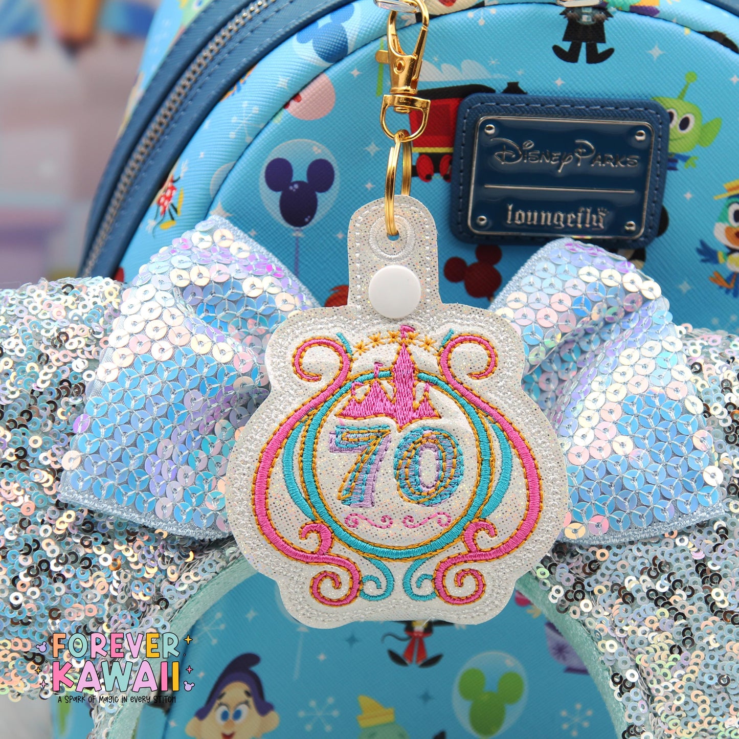 Disneyland 70th Anniversary Ear Holder Keychain – Sparkly Castle Embroidered Park Ears Accessory