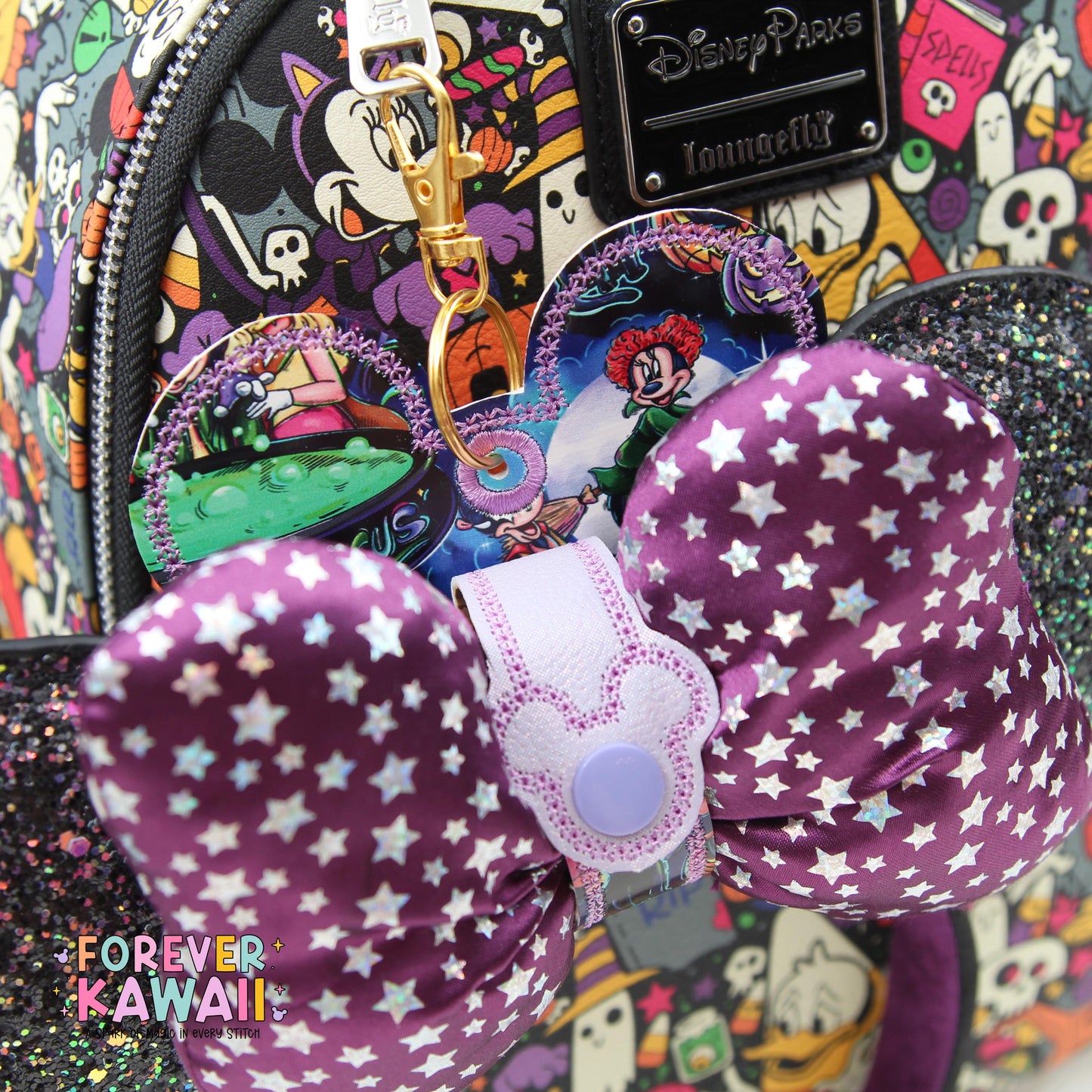 Halloween Witch Trio Ear Holder β Park Ears Holder Keychain, Glitter Vinyl Bag Charm, Spooky Season Accessory for Travel