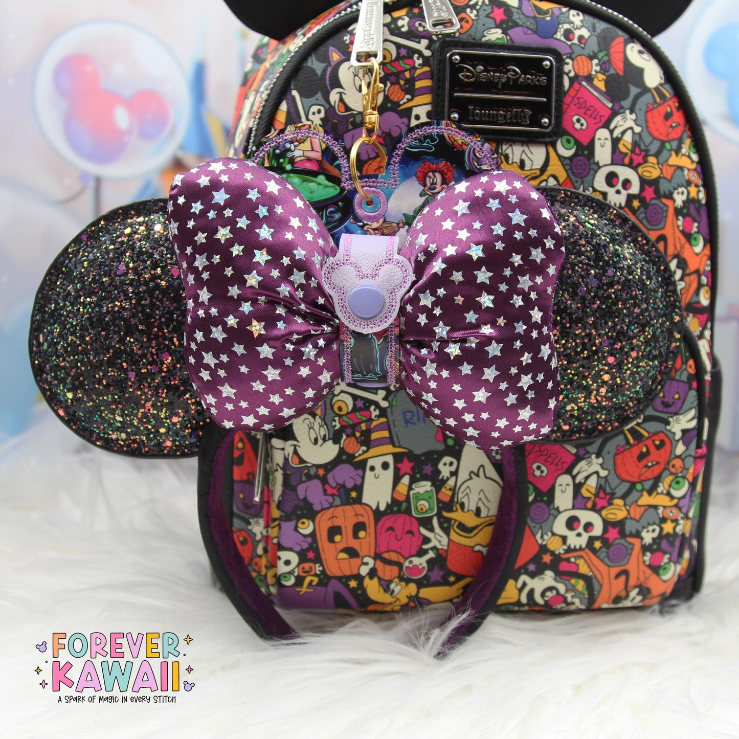 Halloween Witch Trio Ear Holder β Park Ears Holder Keychain, Glitter Vinyl Bag Charm, Spooky Season Accessory for Travel
