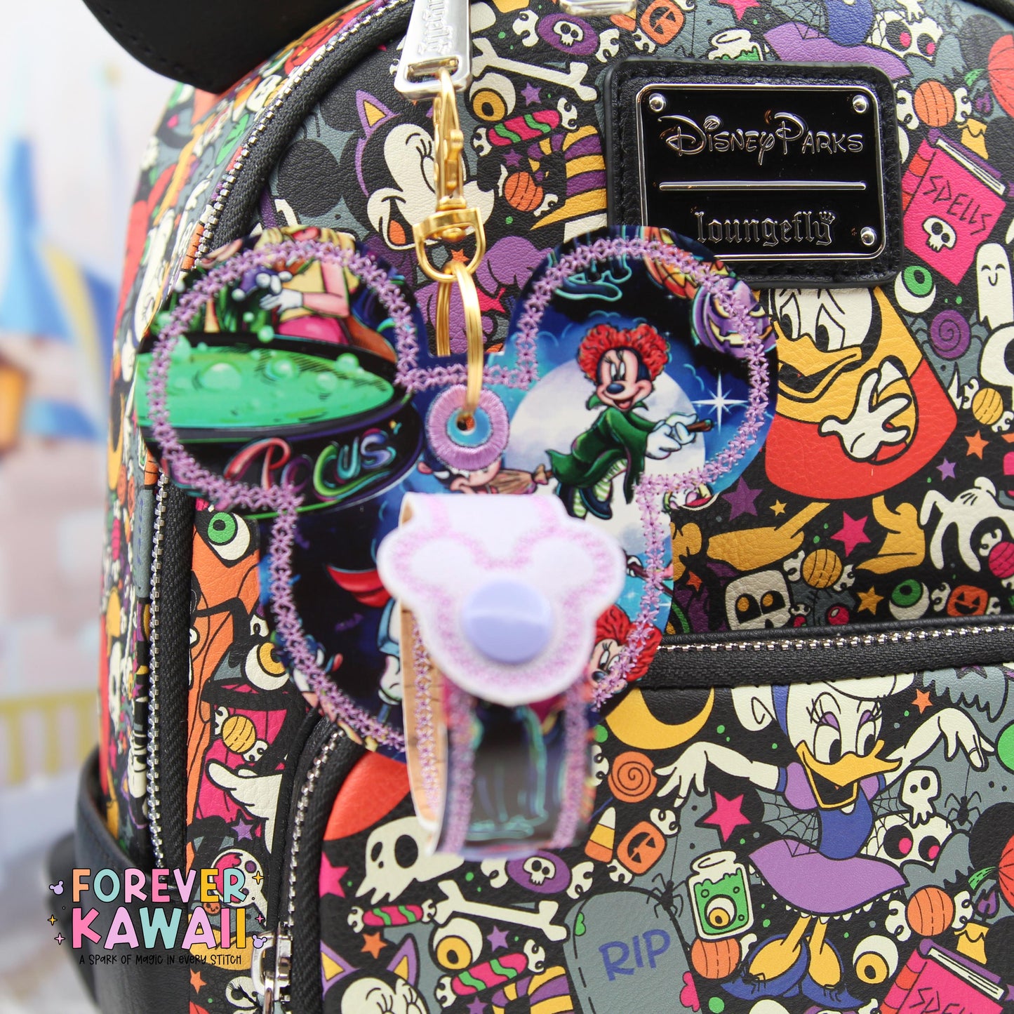 Halloween Witch Trio Ear Holder β Park Ears Holder Keychain, Glitter Vinyl Bag Charm, Spooky Season Accessory for Travel