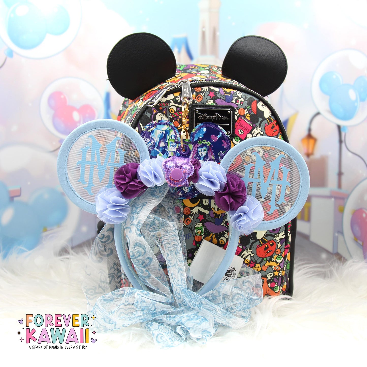 Designer Inspired Haunted Mansion Ear Holder – Glitter Sparkle Vinyl Park Ears Clip, Spooky Floral Bag Charm, Ghost Host Ear Accessory