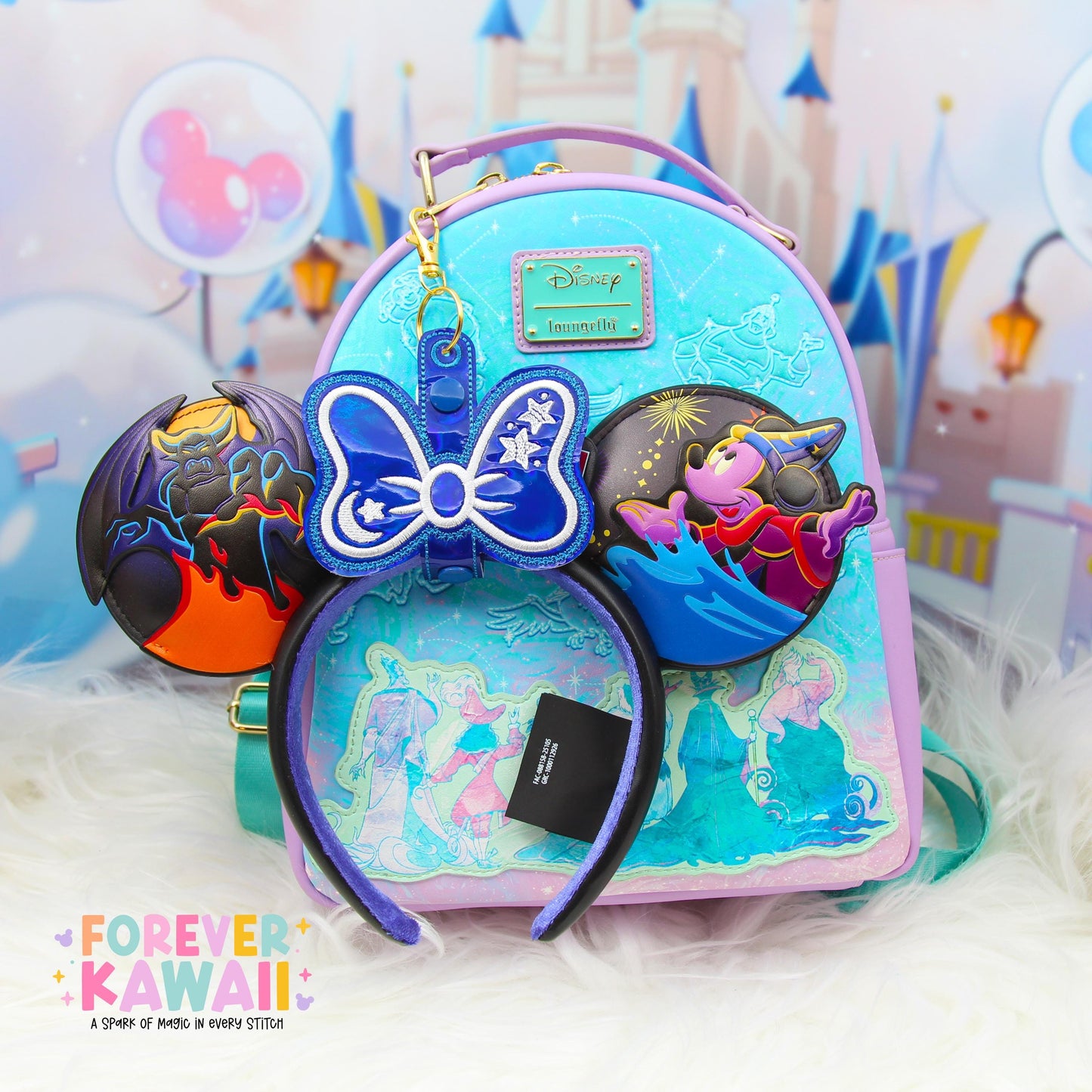 Sorcerer Mouse Bow Ear Holder | Blue Holographic Faux Leather Disney Ear & Hat Holder | Bag Charm for Sunglasses, Popcorn Bucket, Resort Mug