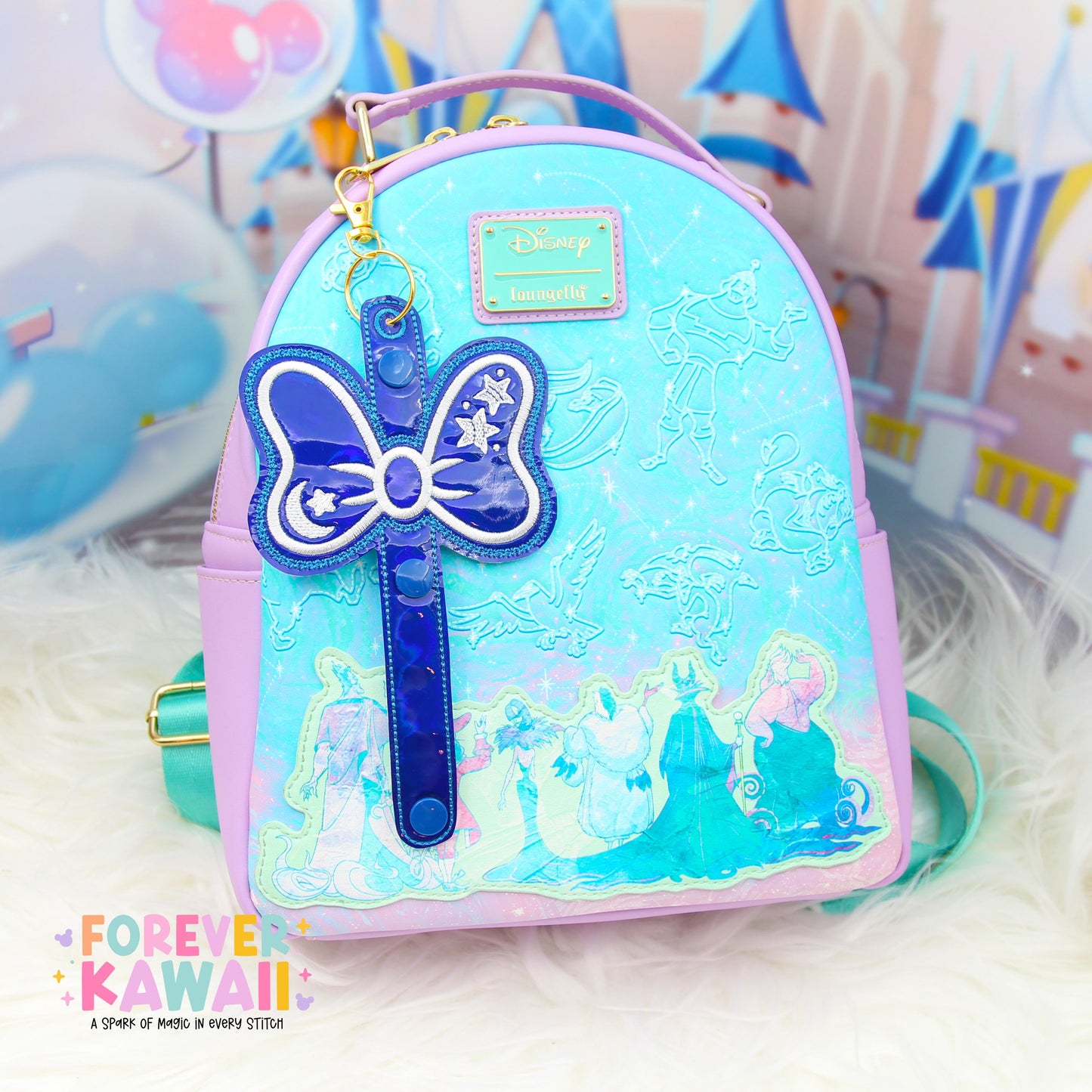 Sorcerer Mouse Bow Ear Holder | Blue Holographic Faux Leather Disney Ear & Hat Holder | Bag Charm for Sunglasses, Popcorn Bucket, Resort Mug
