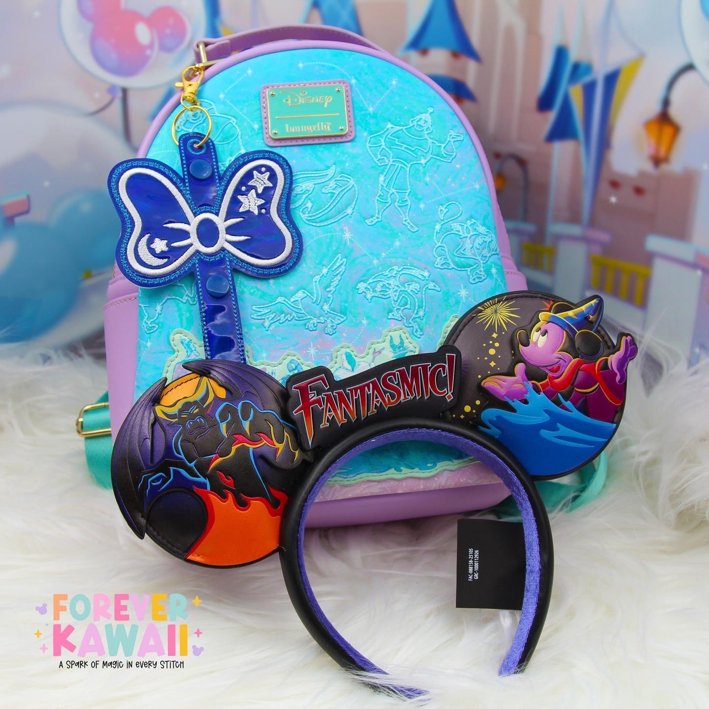 Sorcerer Mouse Bow Ear Holder | Blue Holographic Faux Leather Disney Ear & Hat Holder | Bag Charm for Sunglasses, Popcorn Bucket, Resort Mug