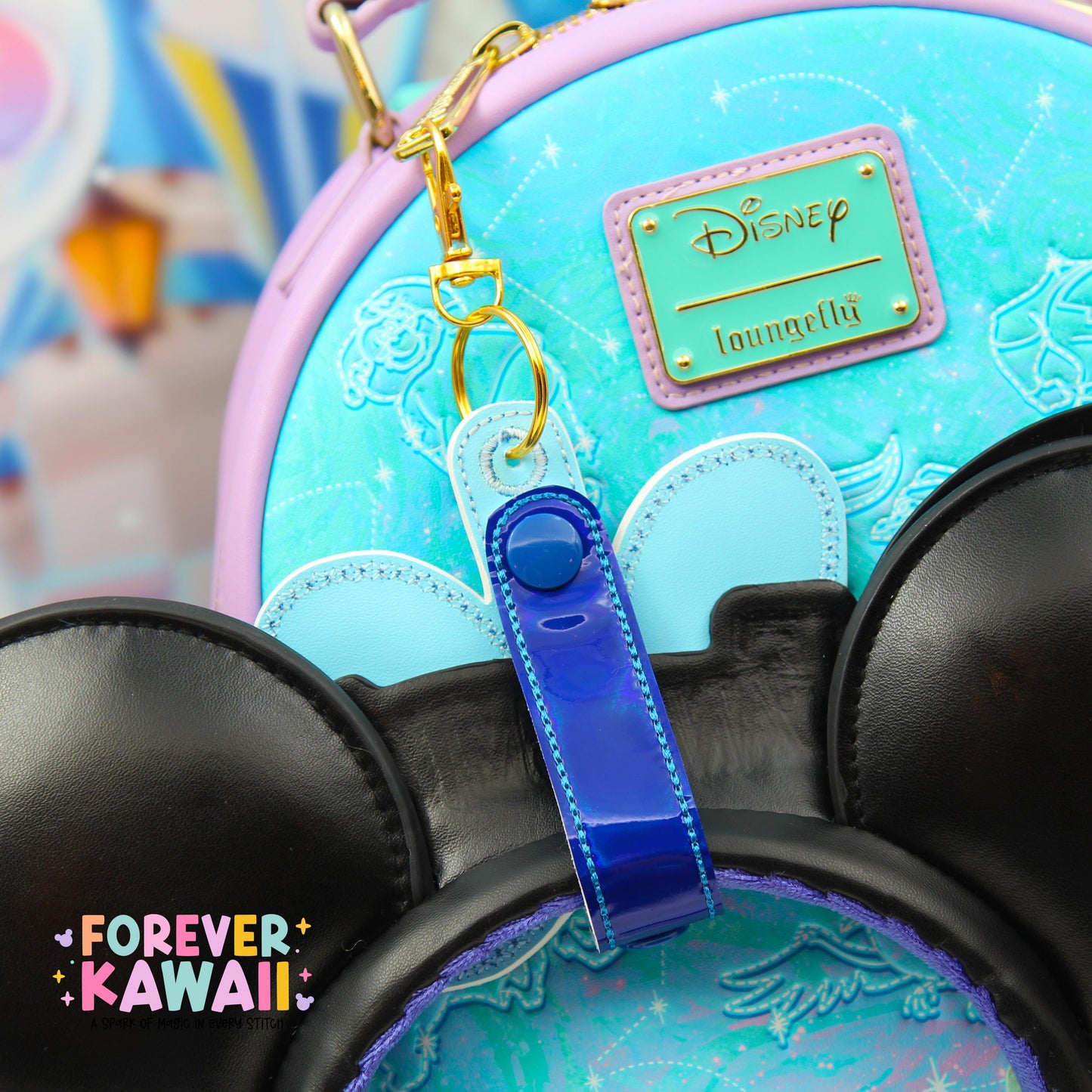 Sorcerer Mouse Bow Ear Holder | Blue Holographic Faux Leather Disney Ear & Hat Holder | Bag Charm for Sunglasses, Popcorn Bucket, Resort Mug