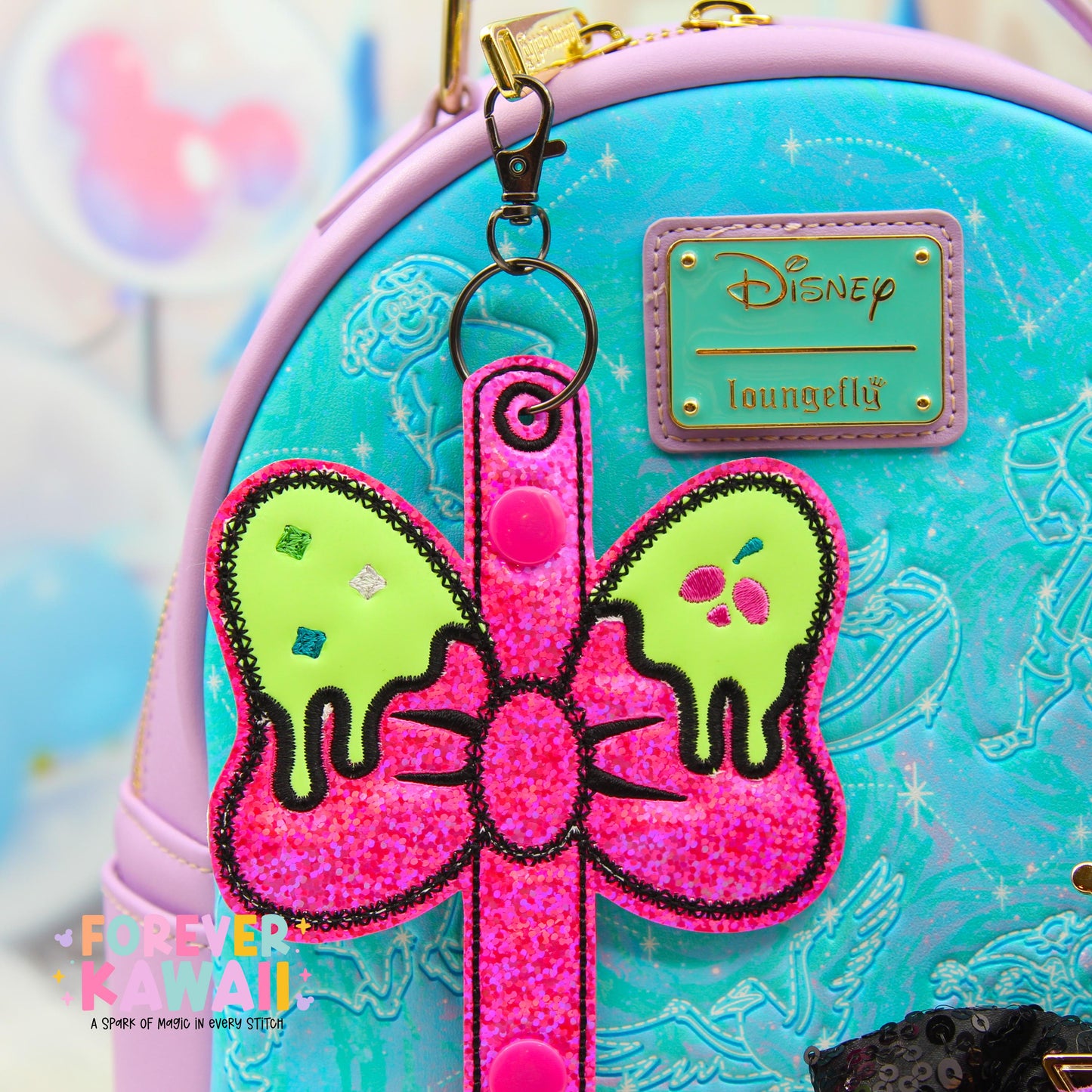 Neon Poison Apple Bow Ear Holder Keychain | Pink Glitter Faux Leather Disney Ear & Hat Holder | For Sunglasses, Popcorn Bucket, Resort Mug