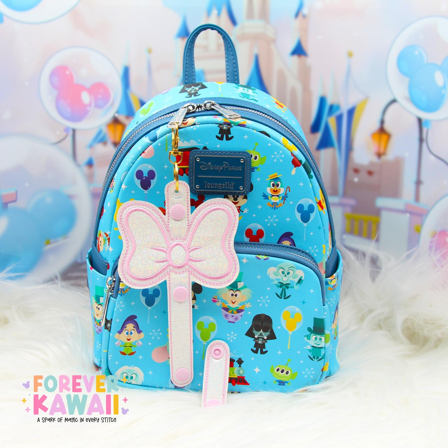 Marie Cat Inspired Bow Ear Holder Keychain | White & Pink Holographic Faux Leather Disney Ear and Hat Holder | Popcorn Bucket, Resort Mug