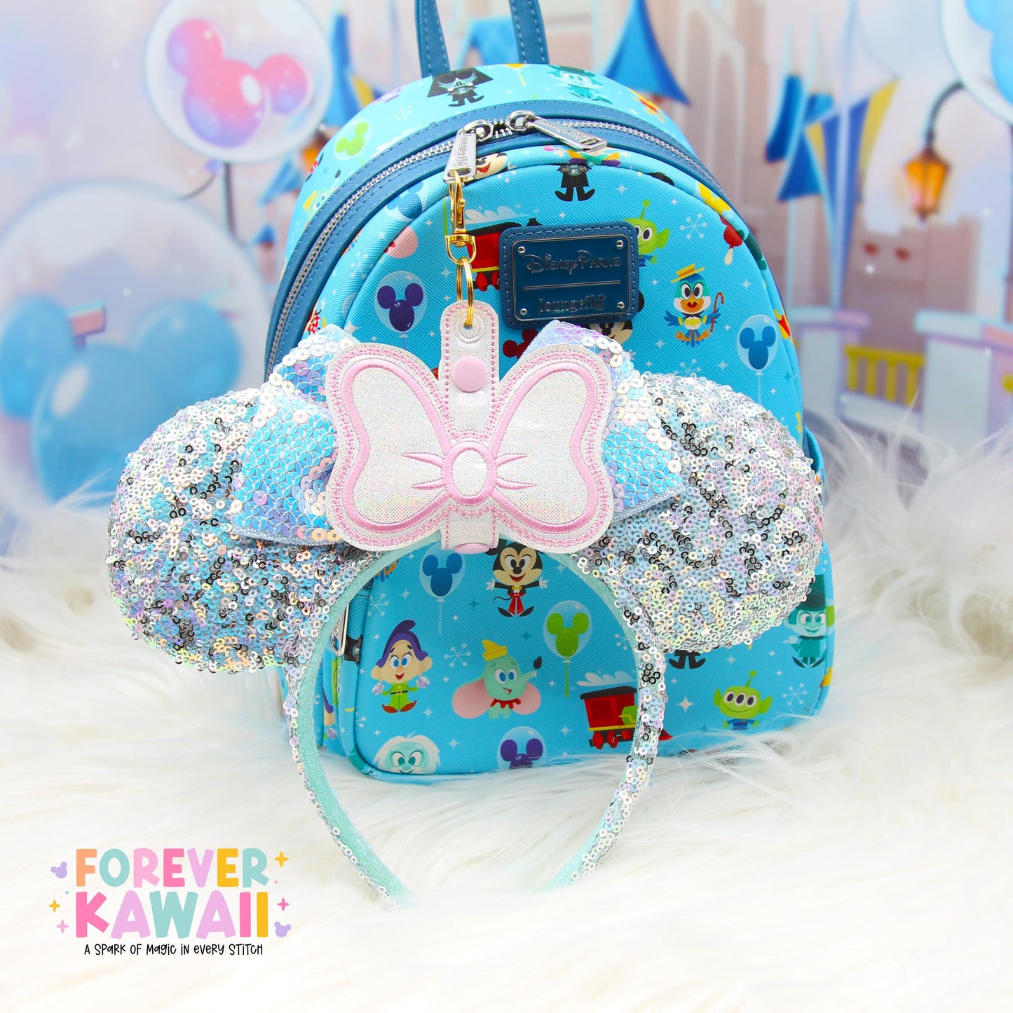 Marie Cat Inspired Bow Ear Holder Keychain | White & Pink Holographic Faux Leather Disney Ear and Hat Holder | Popcorn Bucket, Resort Mug
