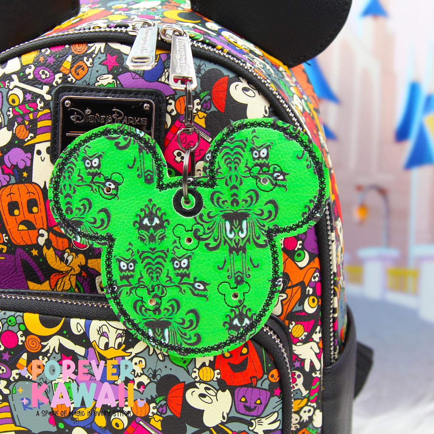 Haunted Mansion Wallpaper Pin Trading Keychain | 5 Pin Holder | Disney Ride-Inspired Bag Charm | Pattern Placement Will Vary | Non-Glitter