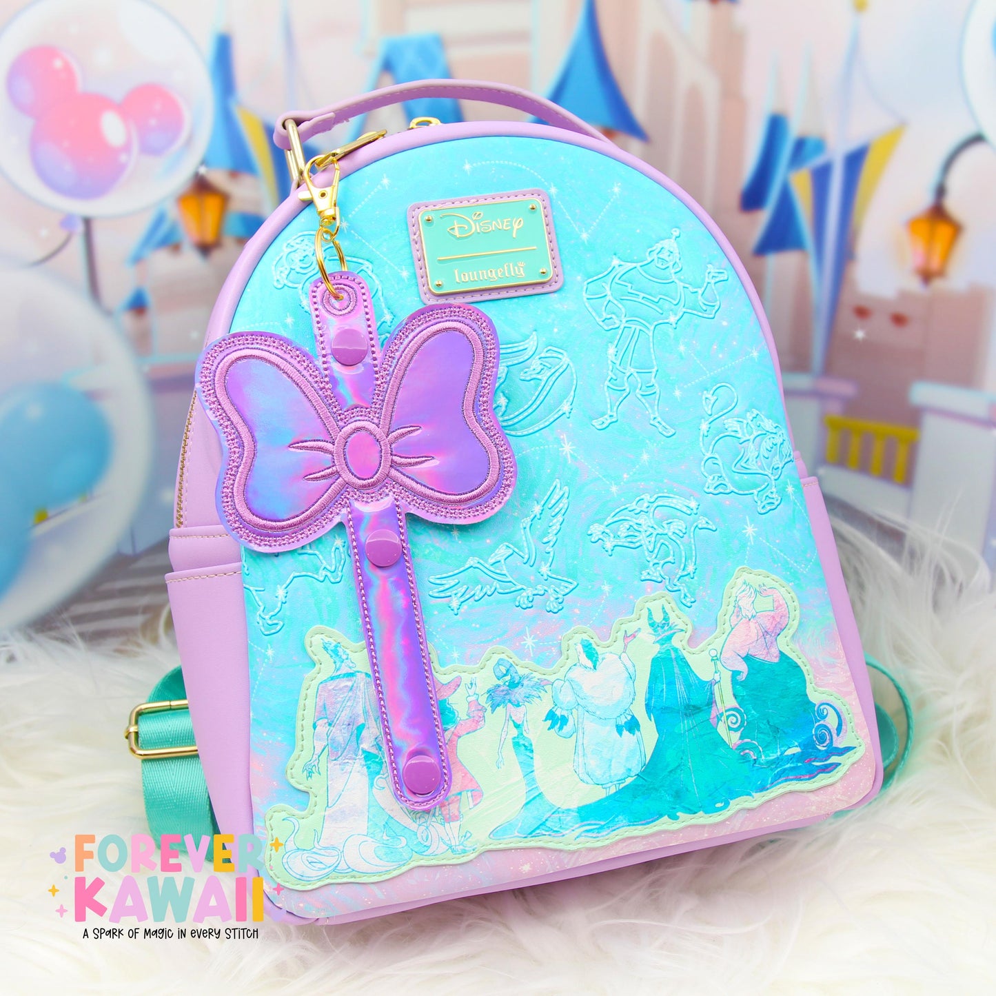 Purple Holographic Bow Ear Holder | Disney Ear & Hat Holder | Iridescent Faux Leather Bag Charm for Sunglasses, Popcorn Bucket, Resort Mug