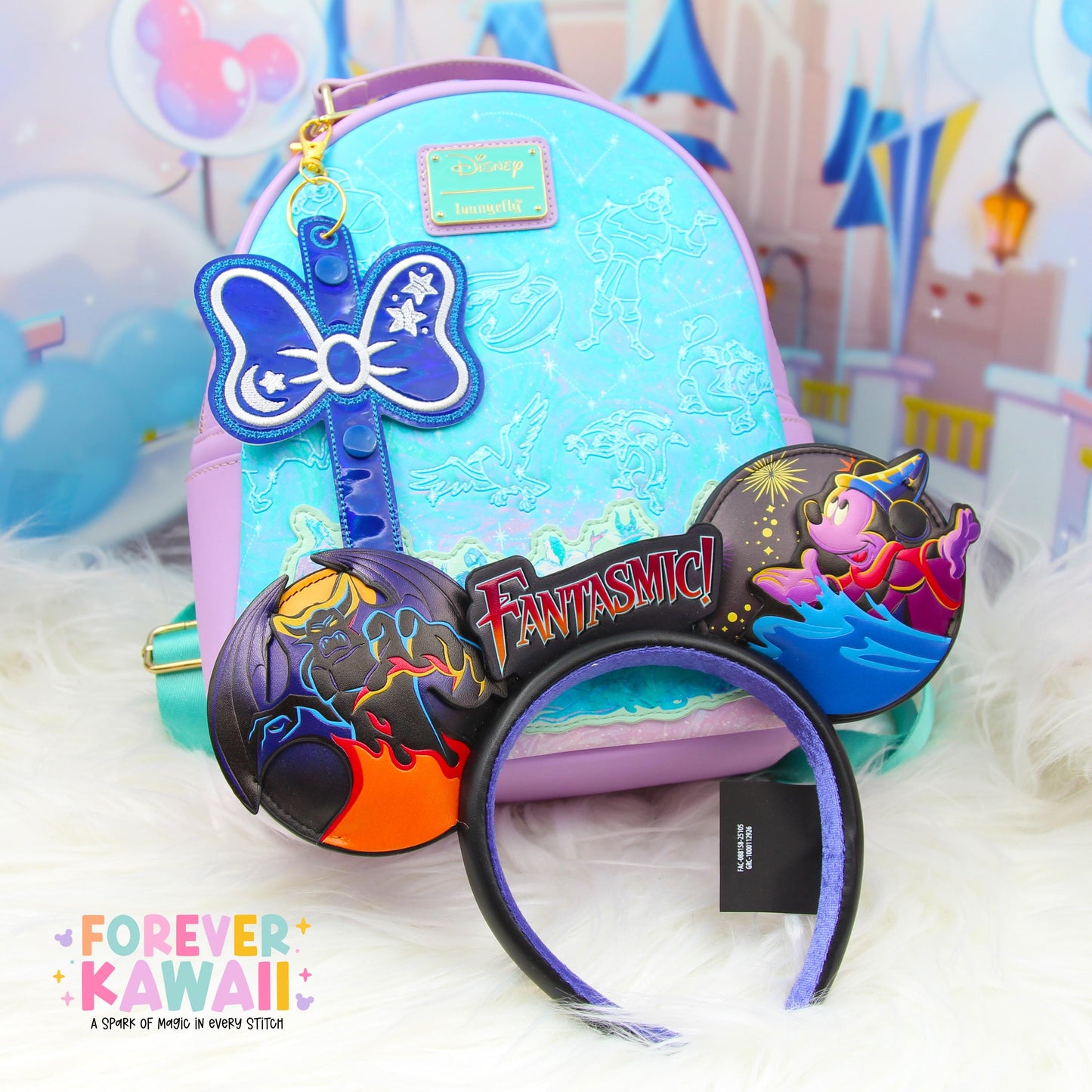 Sorcerer Mouse Bow Ear Holder | Blue Holographic Faux Leather Disney Ear & Hat Holder | Bag Charm for Sunglasses, Popcorn Bucket, Resort Mug