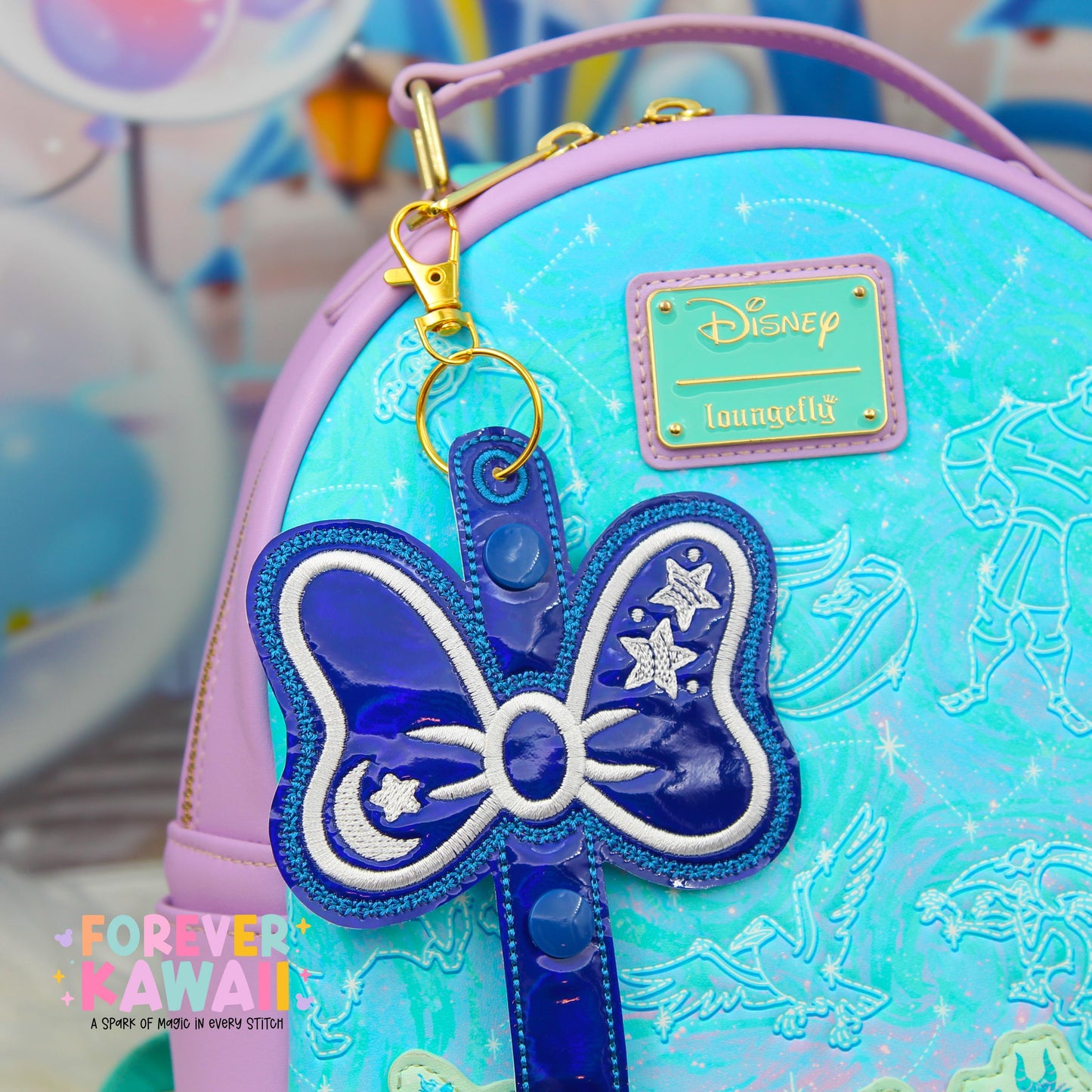 Sorcerer Mouse Bow Ear Holder | Blue Holographic Faux Leather Disney Ear & Hat Holder | Bag Charm for Sunglasses, Popcorn Bucket, Resort Mug