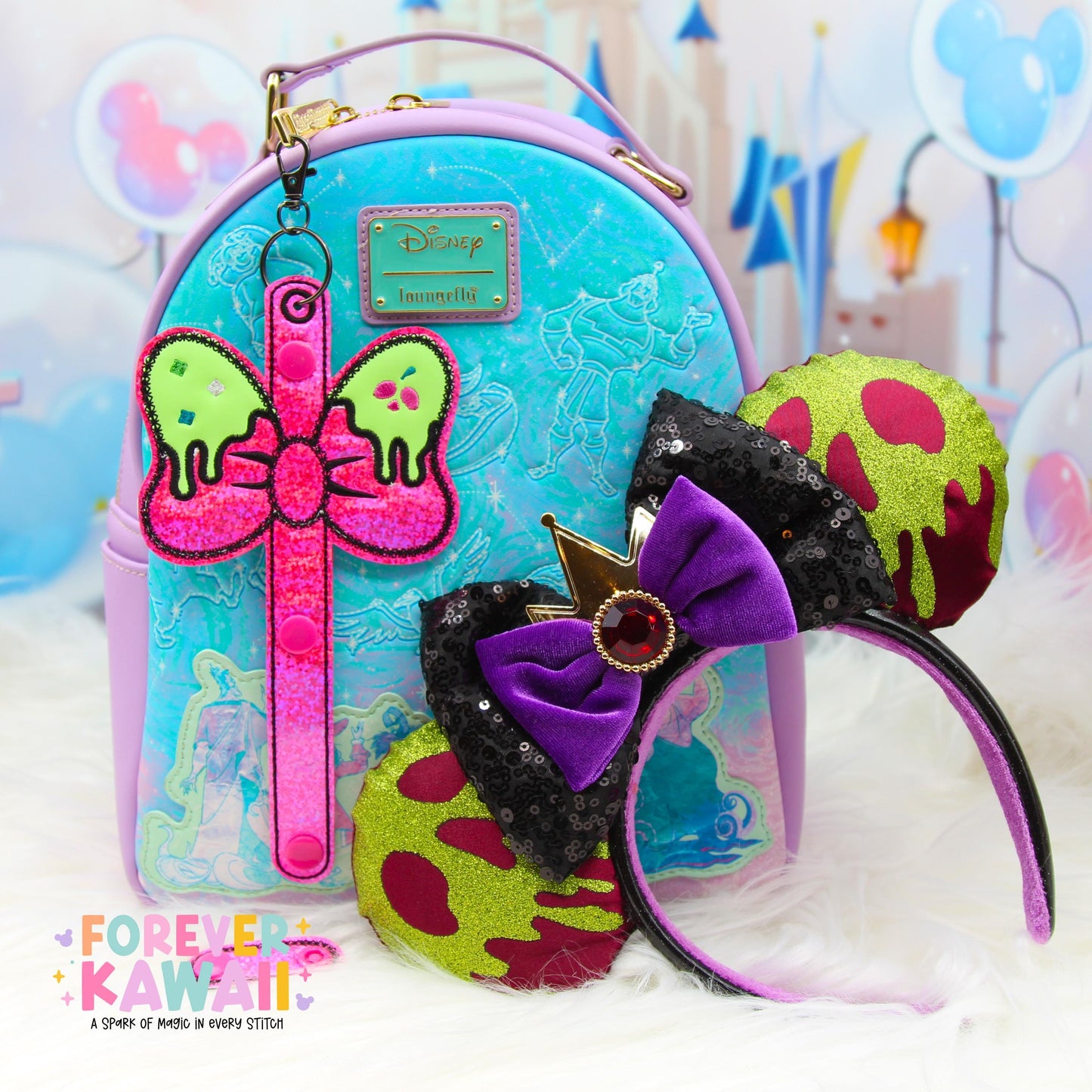 Neon Poison Apple Bow Ear Holder Keychain | Pink Glitter Faux Leather Disney Ear & Hat Holder | For Sunglasses, Popcorn Bucket, Resort Mug