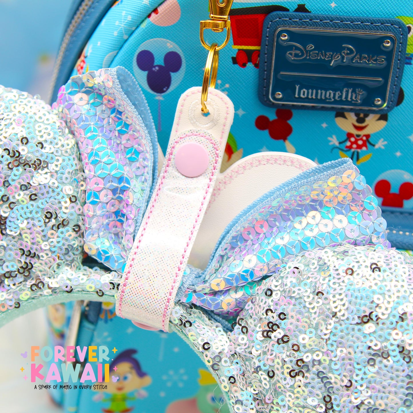 Marie Cat Inspired Bow Ear Holder Keychain | White & Pink Holographic Faux Leather Disney Ear and Hat Holder | Popcorn Bucket, Resort Mug