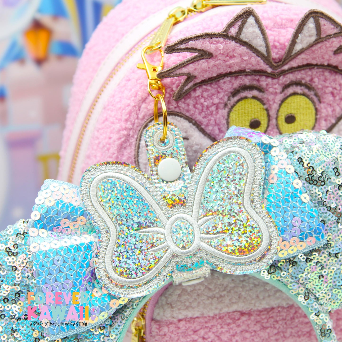 Silver Confetti Holographic Bow Ear Holder | Glitter Faux Leather Disney Ear and Hat Holder | For Sunglasses, Popcorn Bucket, Resort Mug