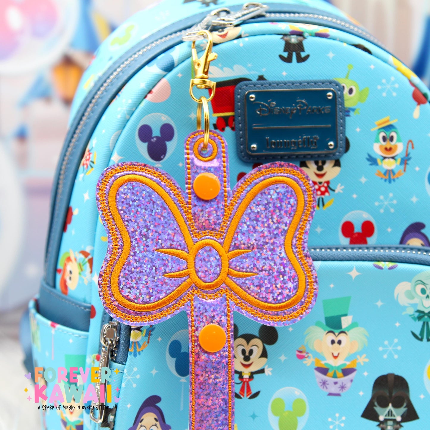 Figment Inspired Bow Ear Holder | Purple Glitter Faux Leather Disney Ear and Hat Holder | EPCOT Park Bag Charm, Popcorn Bucket, Resort Mug