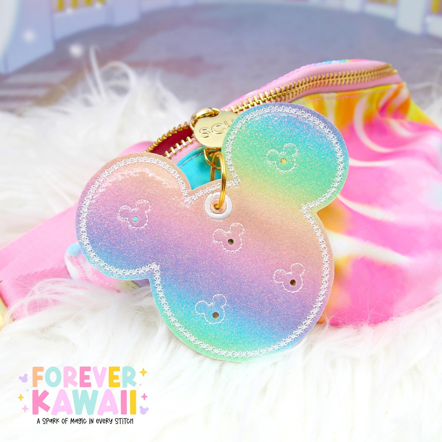 Pastel Rainbow Glitter Disney Pin Trading Keychain | No-Shed Glitter 3 Pin or 5 Pin Holder | Kawaii Bag Charm & Pin Display