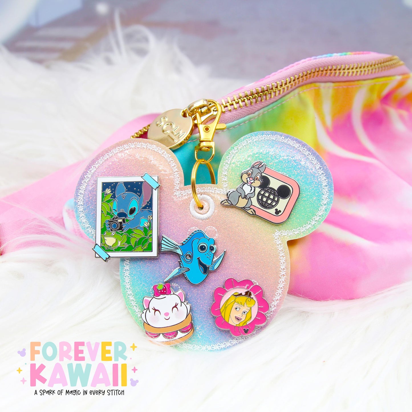 Pastel Rainbow Glitter Disney Pin Trading Keychain | No-Shed Glitter 3 Pin or 5 Pin Holder | Kawaii Bag Charm & Pin Display