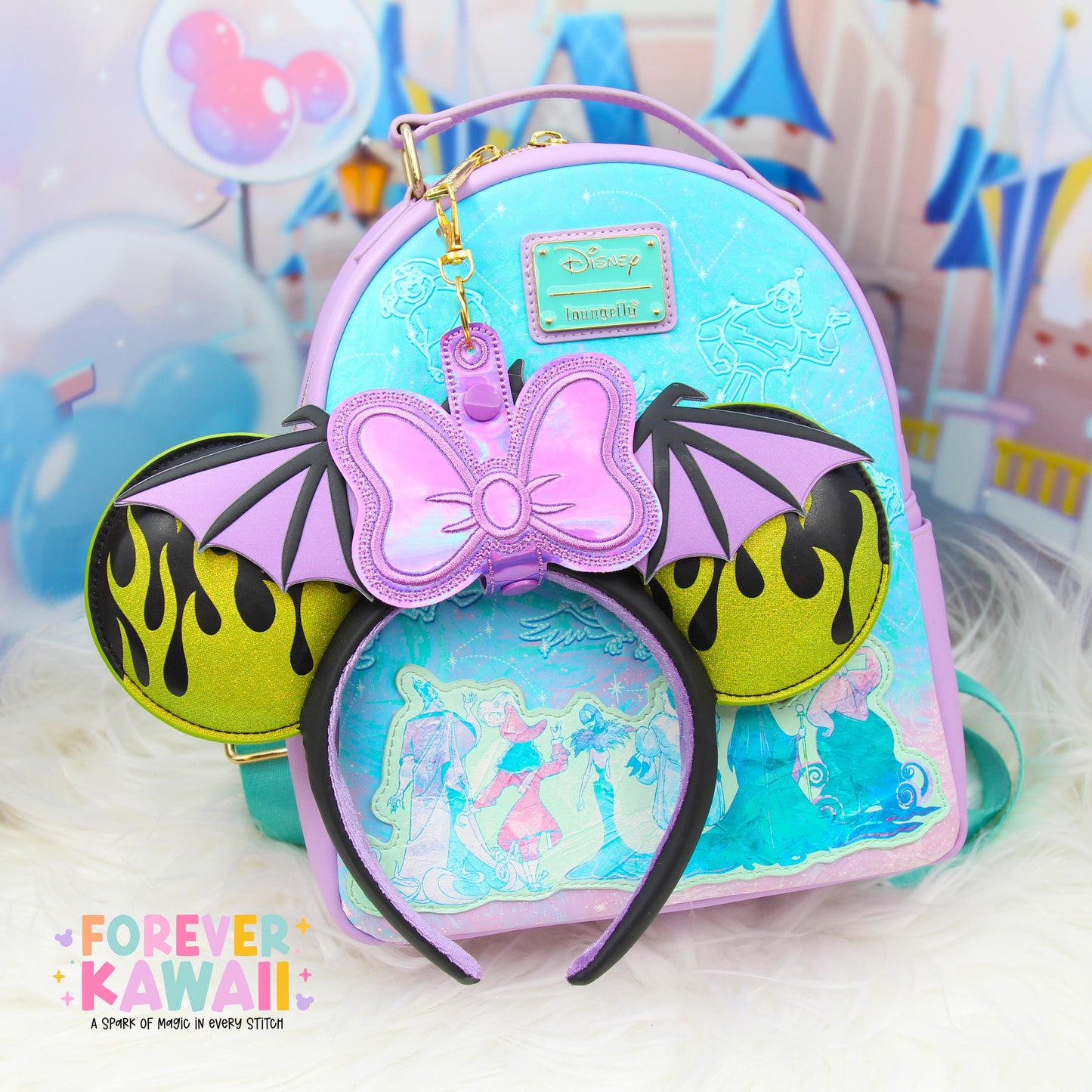 Purple Holographic Bow Ear Holder | Disney Ear & Hat Holder | Iridescent Faux Leather Bag Charm for Sunglasses, Popcorn Bucket, Resort Mug