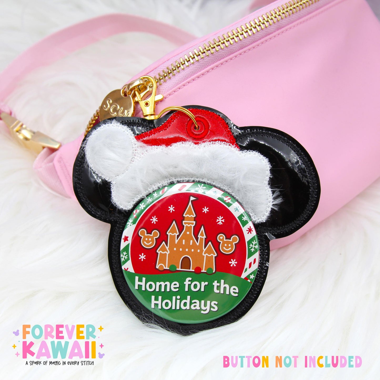 Santa Hat Mouse Celebration Button Holder Keychain for 3” Celebration Buttons | Holiday Park Bag Accessory | Christmas Gift for Disney Fans