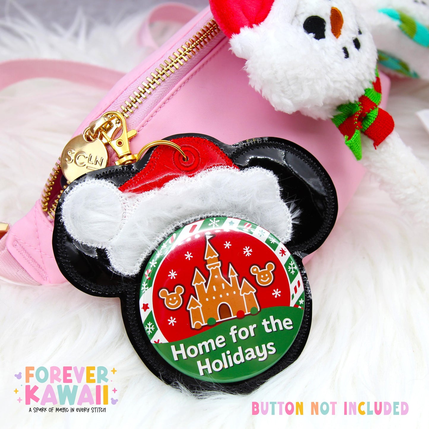 Santa Hat Mouse Celebration Button Holder Keychain for 3” Celebration Buttons | Holiday Park Bag Accessory | Christmas Gift for Disney Fans