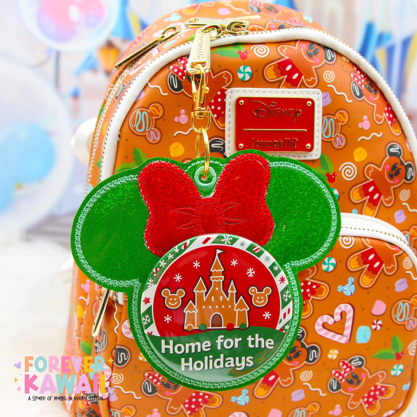 Christmas Mouse Button Holder Keychain | Holiday Park Bag Accessory | Fits 3” Celebration Buttons | Green Glitter or Red Vinyl