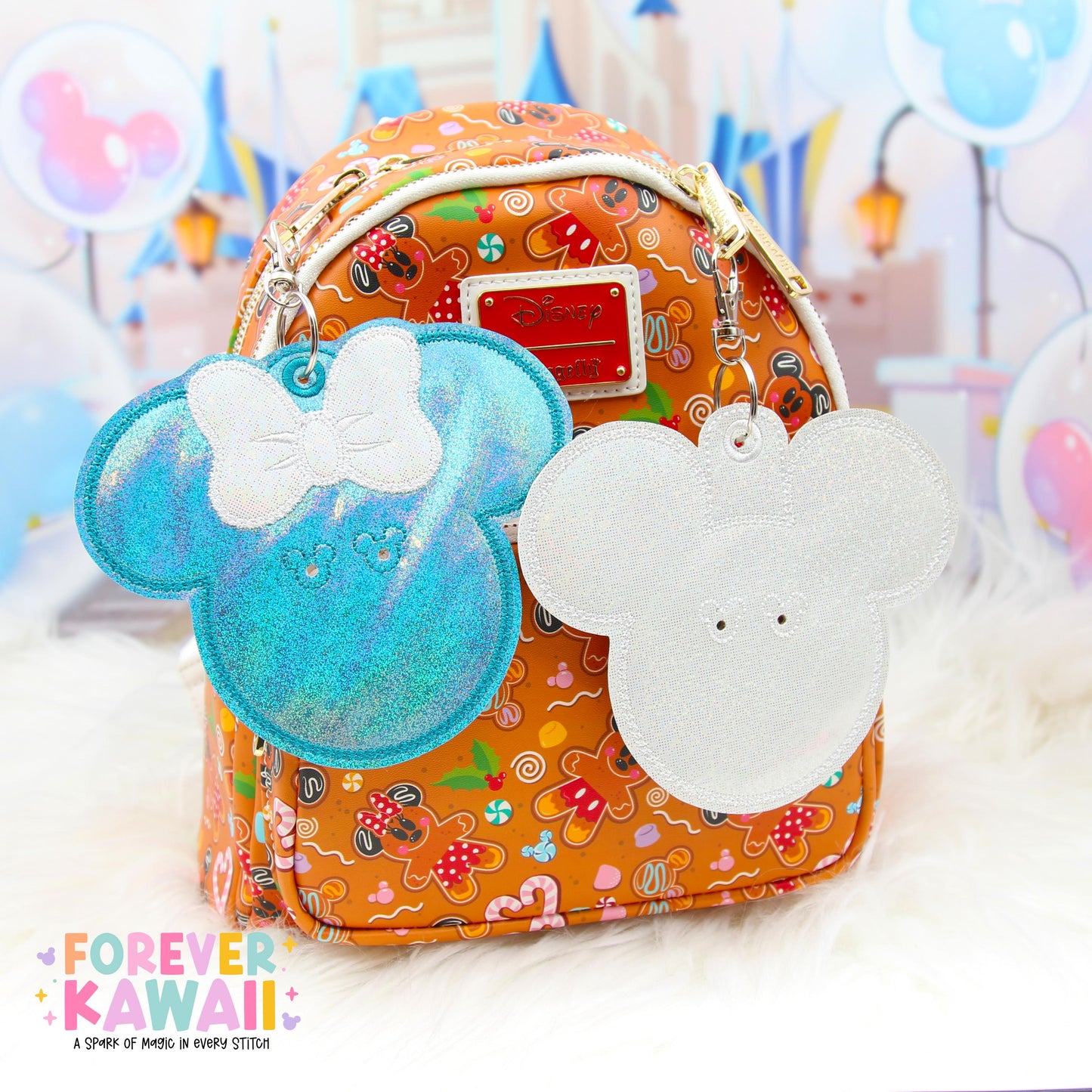 Frozen Winter Celebration Button Holder Keychain | Fits 3” Celebration Buttons | Elsa Inspired Park Bag Accessory | Blue or White Glitter