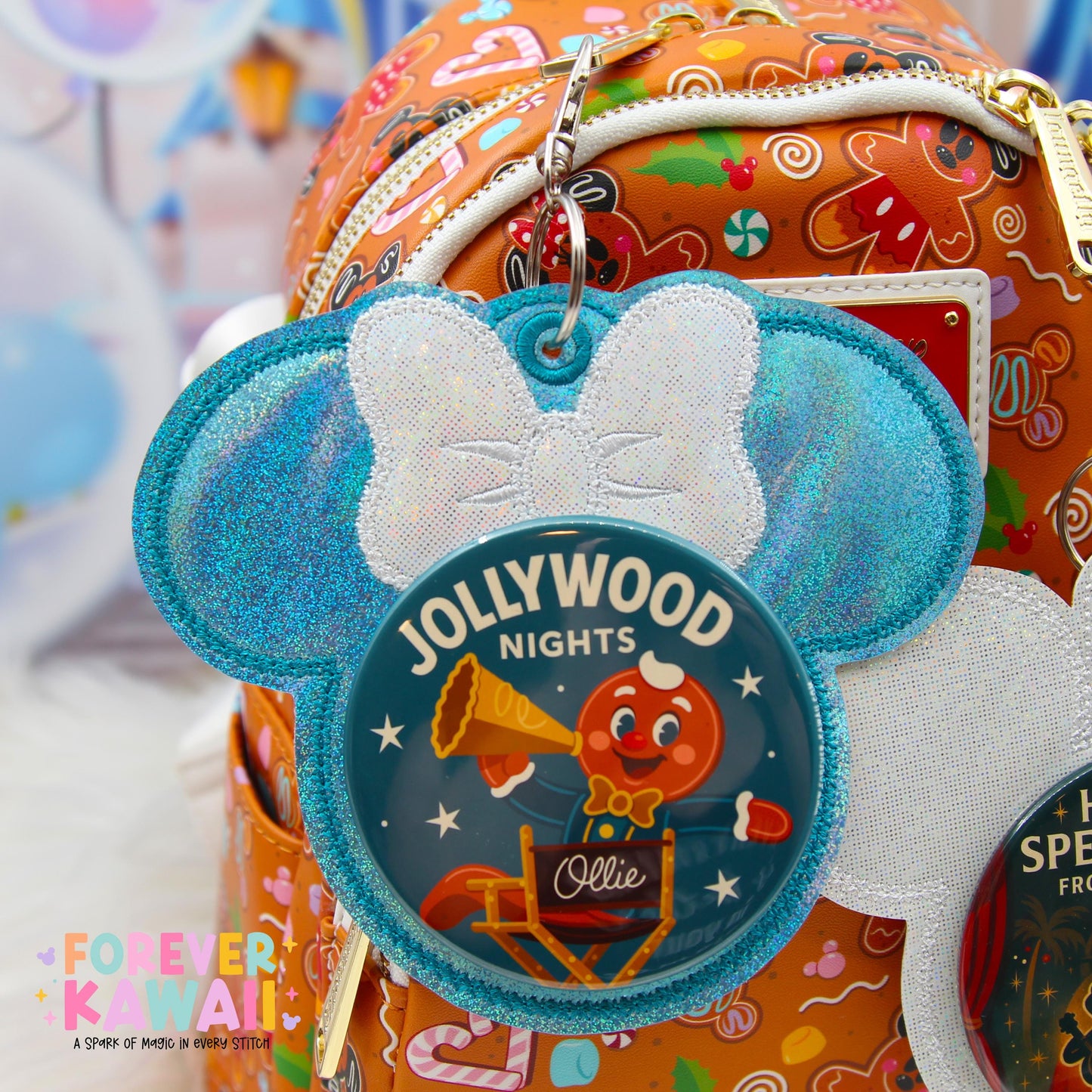 Frozen Winter Celebration Button Holder Keychain | Fits 3” Celebration Buttons | Elsa Inspired Park Bag Accessory | Blue or White Glitter