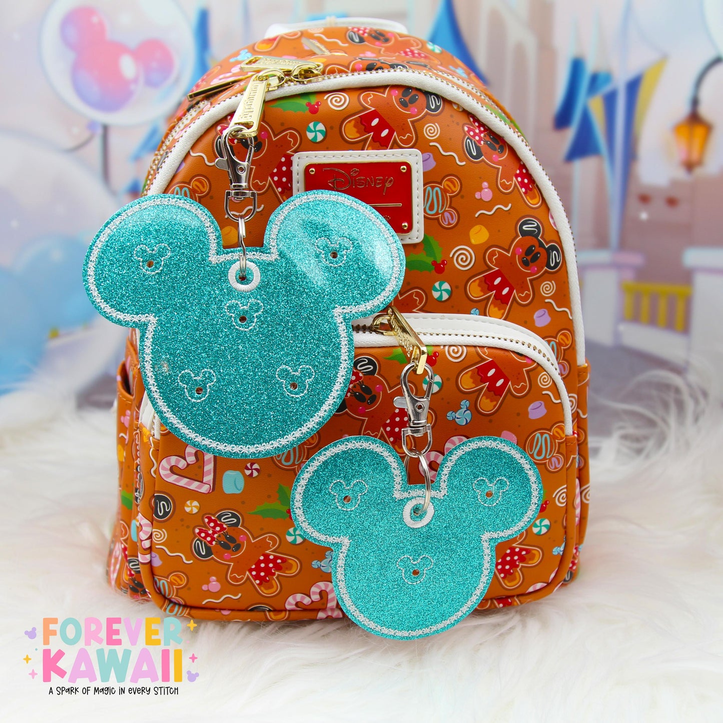 Aqua Blue Glitter Pin Trading Keychain | Choose 3 or 5 Pin Holder | Winter Disney Park Bag Charm | Enamel Pin Collector Gift