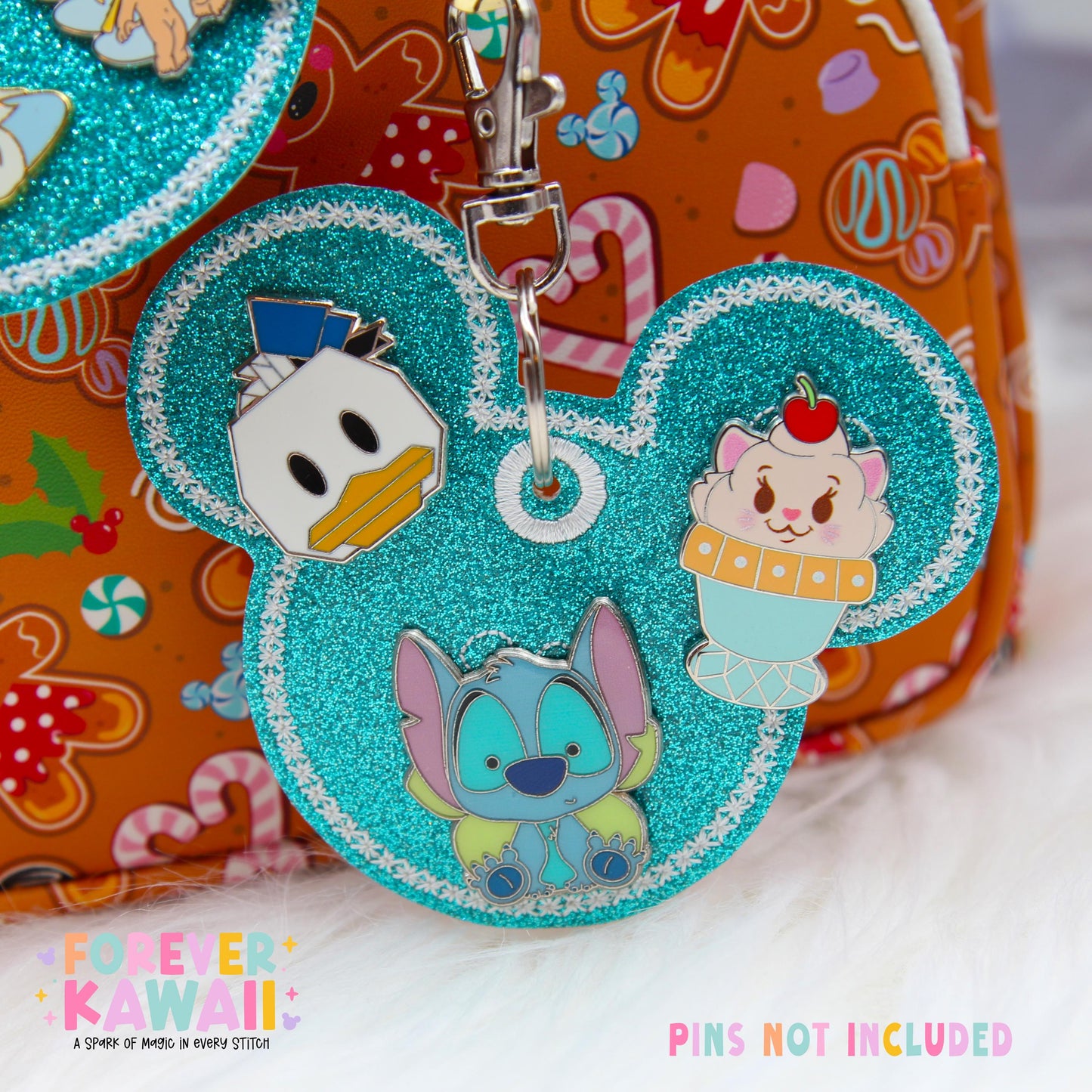 Aqua Blue Glitter Pin Trading Keychain | Choose 3 or 5 Pin Holder | Winter Disney Park Bag Charm | Enamel Pin Collector Gift