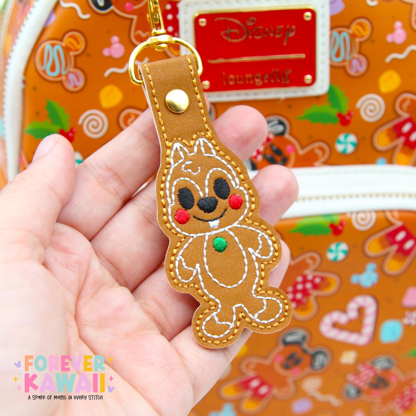 Chip Gingerbread Snap Tab β Disney Bag Charm, Christmas Keychain, Park Bag Accessory, Holiday Gift, Cute Embroidered Vinyl Charm
