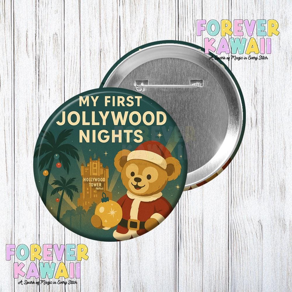 Jollywood Nights 2025 Inspired 3" Celebration Button – Duffy Bear Button - Vintage Hollywood Christmas Theme Park Souvenir
