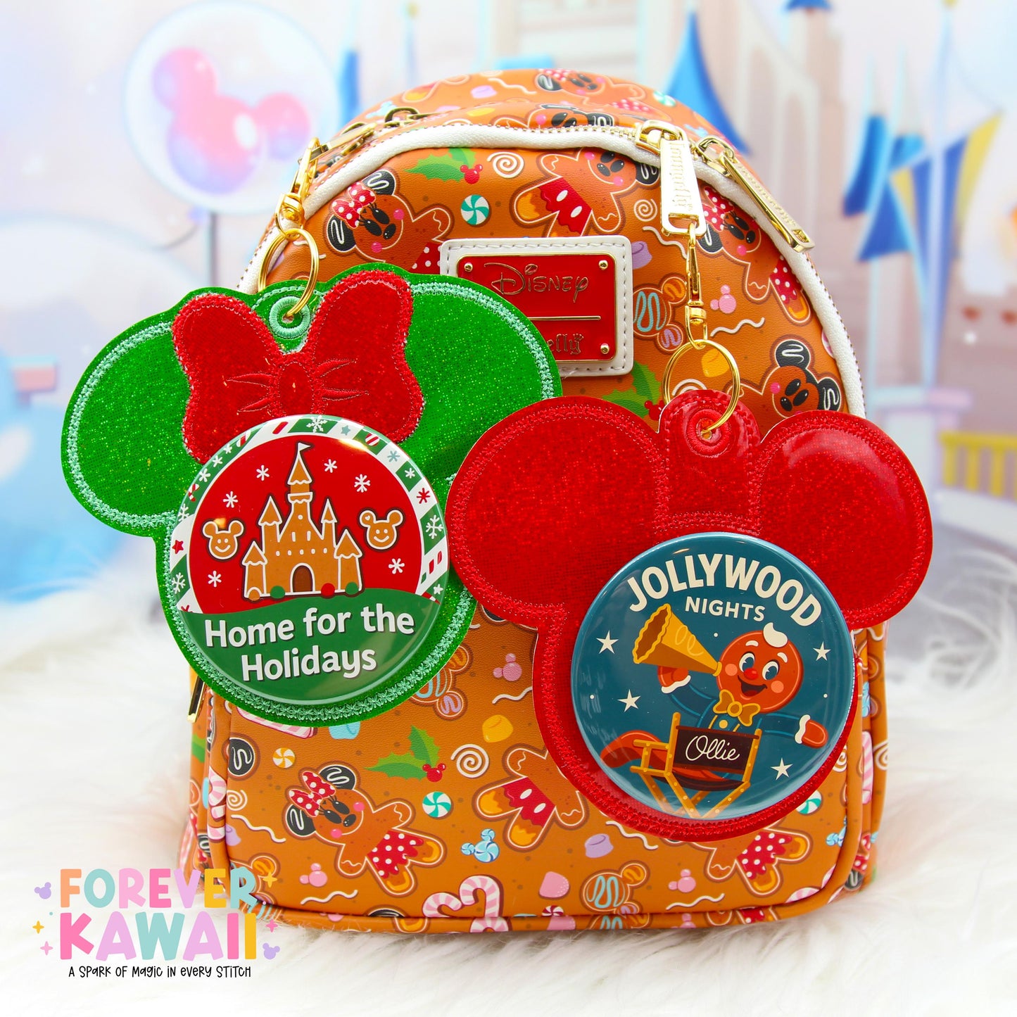 Christmas Mouse Button Holder Keychain | Holiday Park Bag Accessory | Fits 3” Celebration Buttons | Green Glitter or Red Vinyl