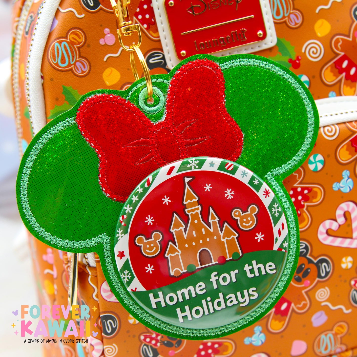Christmas Mouse Button Holder Keychain | Holiday Park Bag Accessory | Fits 3” Celebration Buttons | Green Glitter or Red Vinyl