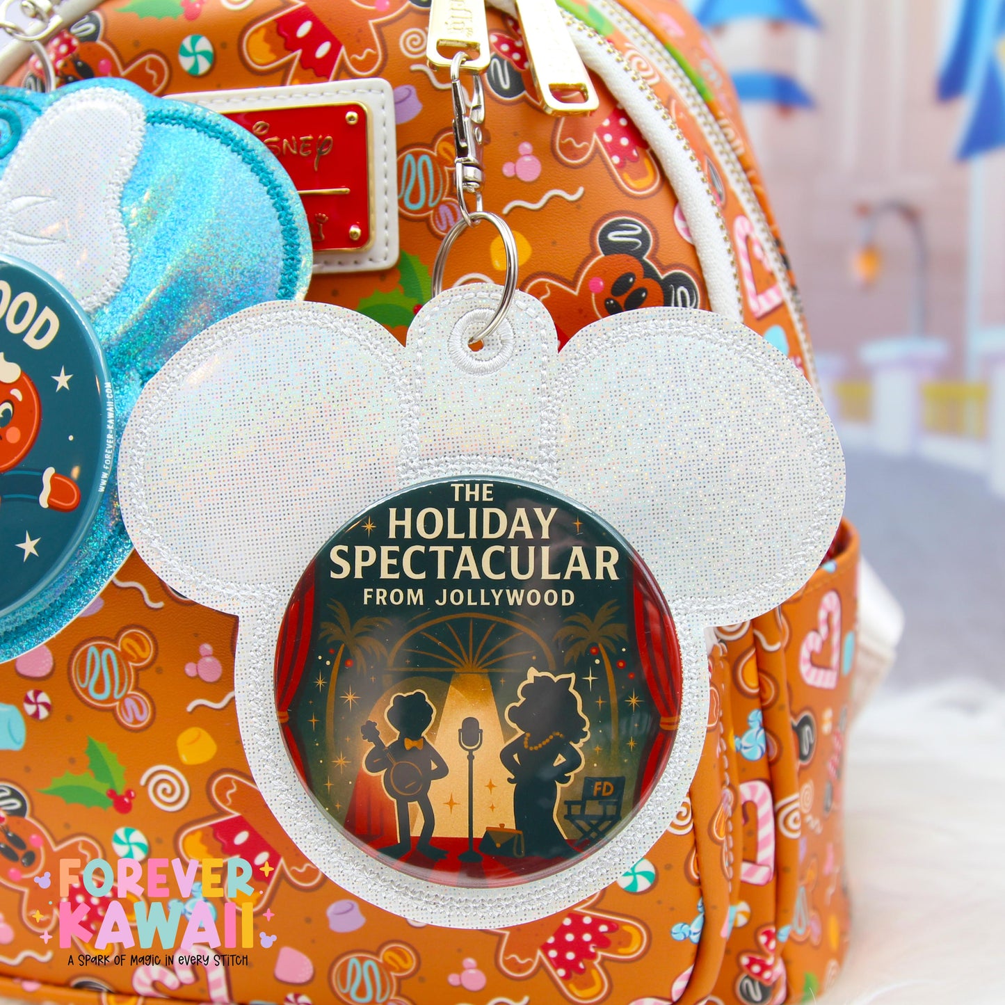Frozen Winter Celebration Button Holder Keychain | Fits 3” Celebration Buttons | Elsa Inspired Park Bag Accessory | Blue or White Glitter