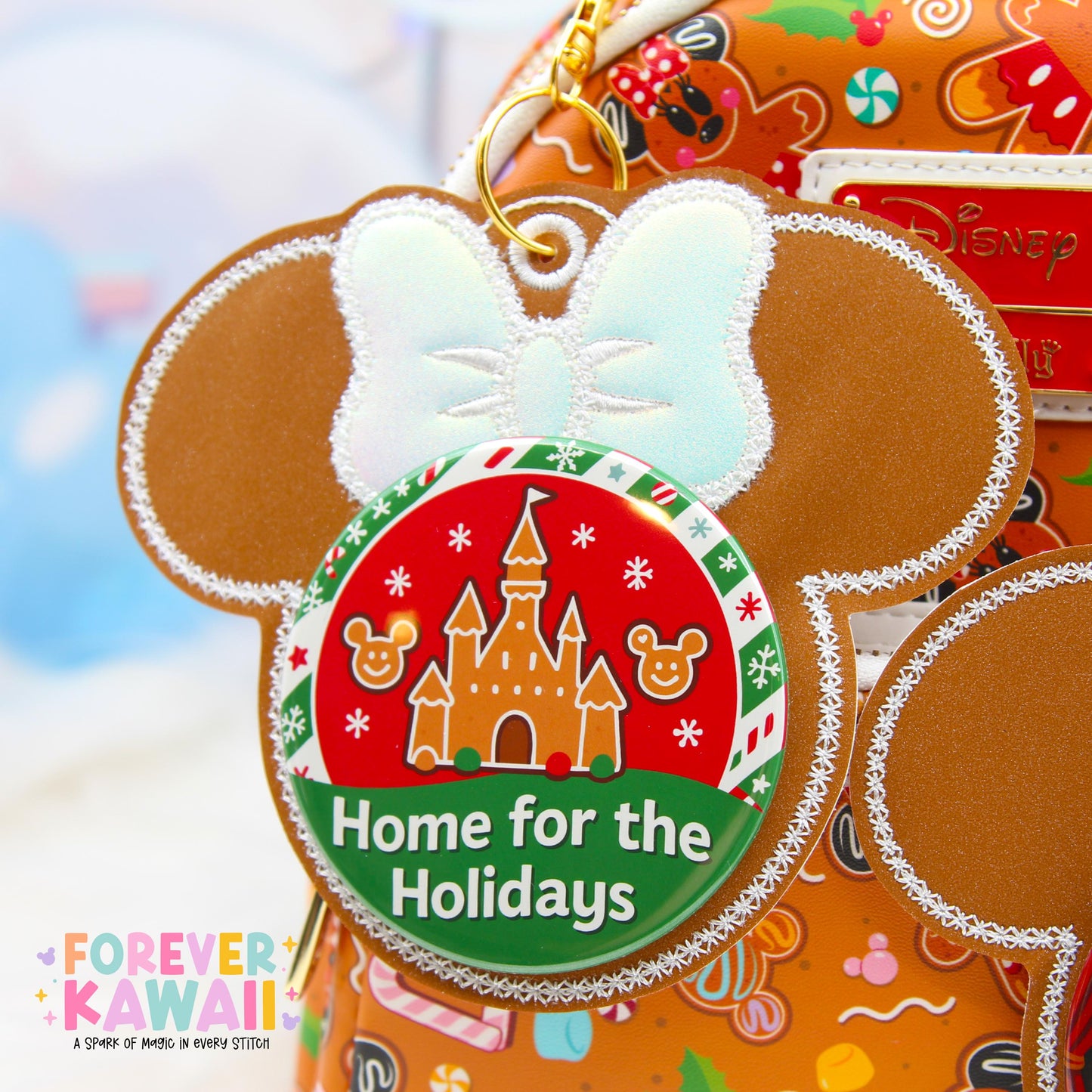 Gingerbread Button Holder Keychain | Christmas Park Bag Accessory | Fits 3” Celebration Buttons | Holiday Cookie Design