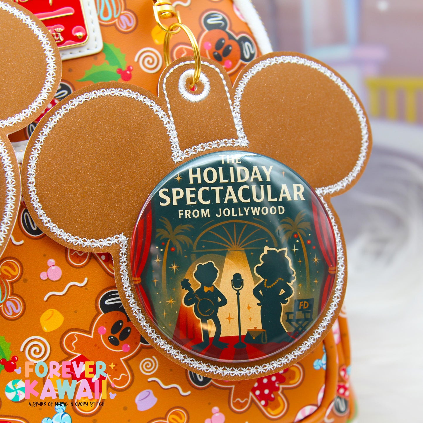 Gingerbread Button Holder Keychain | Christmas Park Bag Accessory | Fits 3” Celebration Buttons | Holiday Cookie Design