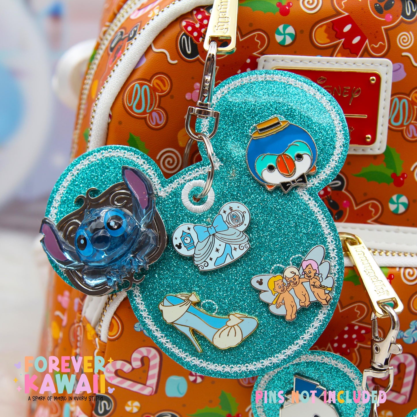 Aqua Blue Glitter Pin Trading Keychain | Choose 3 or 5 Pin Holder | Winter Disney Park Bag Charm | Enamel Pin Collector Gift