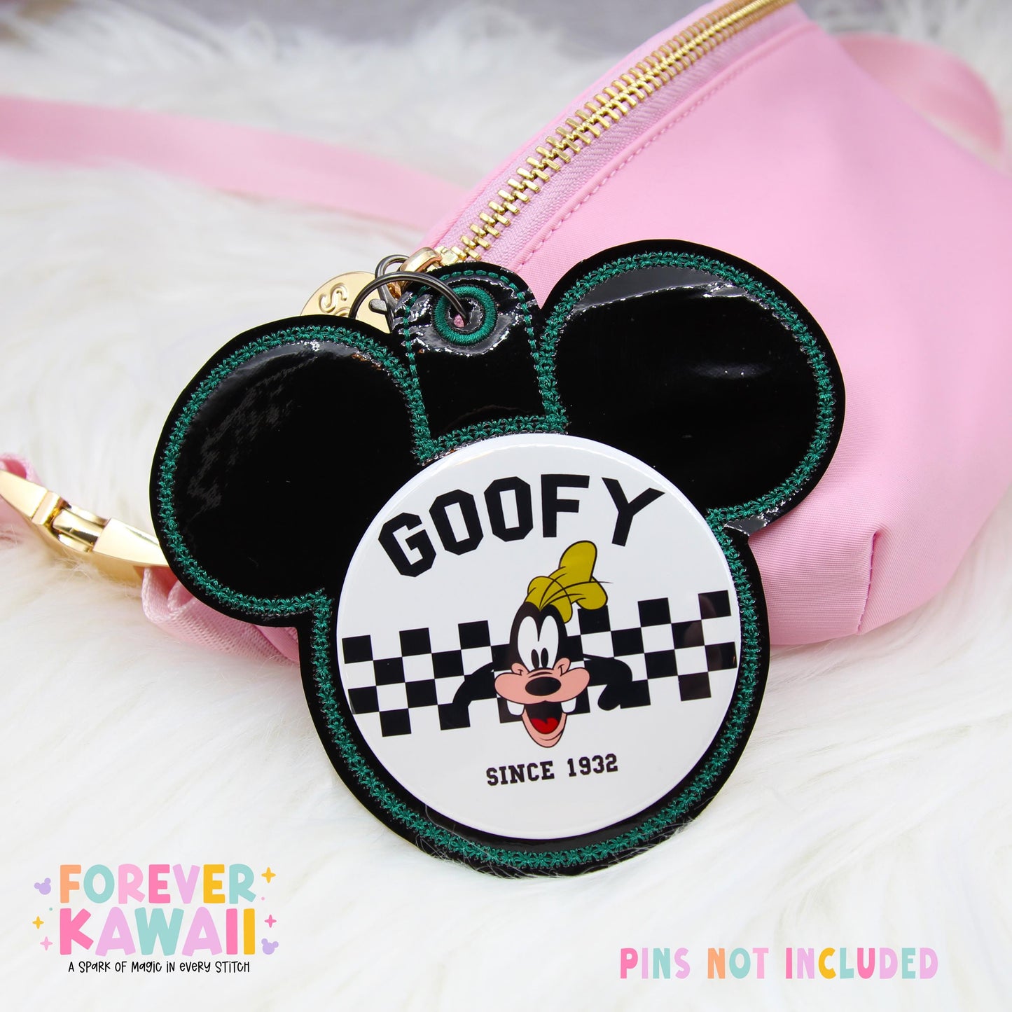 Black Gloss Button Holder Keychain | Green Stitch Park Bag Charm | 3 Inch Button Display | Theme Park Travel Accessory | Disney Gift