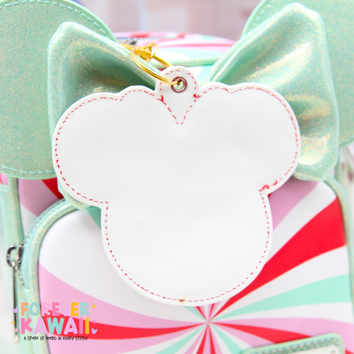 Peppermint Mouse Bag Charm β Holiday Candy Swirl Keychain | White Holographic Vinyl | Disney Christmas Accessory | Festive Park Gift