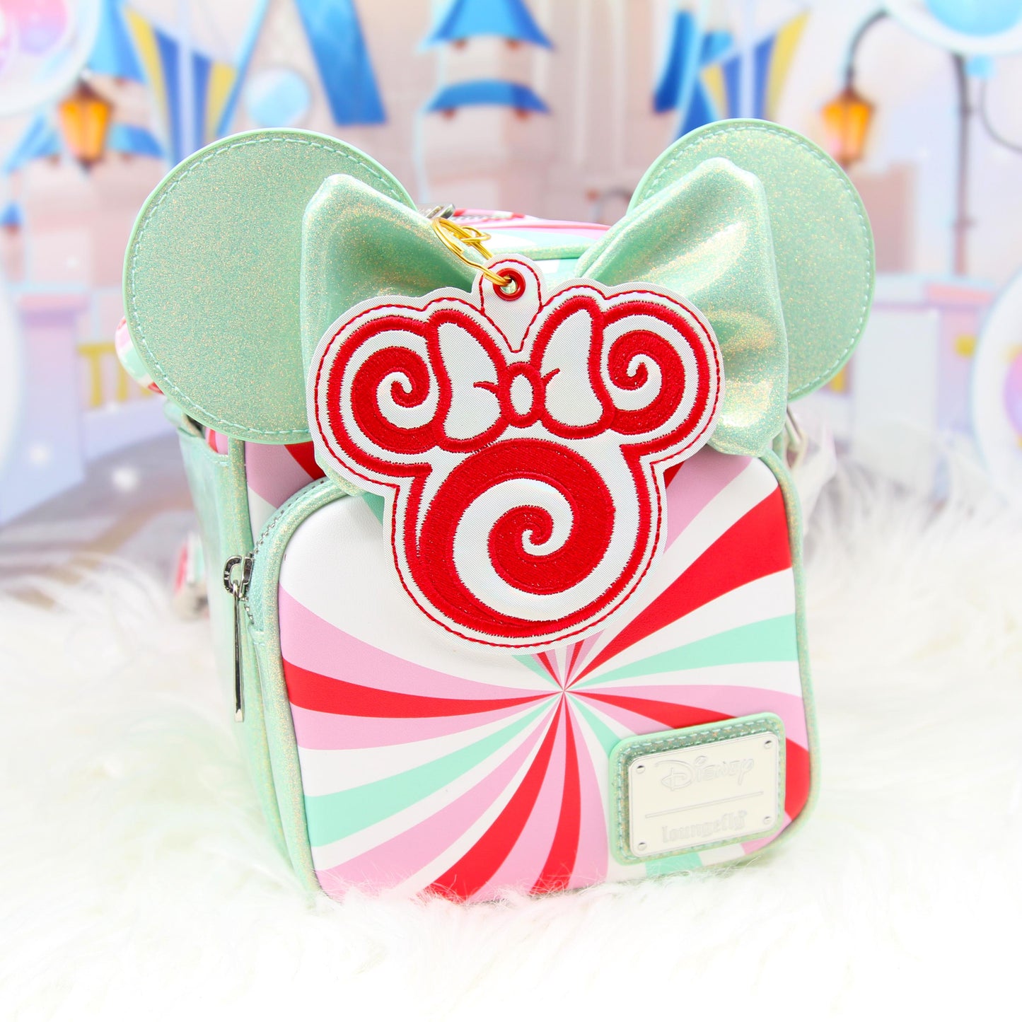 Peppermint Mouse Bag Charm β Holiday Candy Swirl Keychain | White Holographic Vinyl | Disney Christmas Accessory | Festive Park Gift